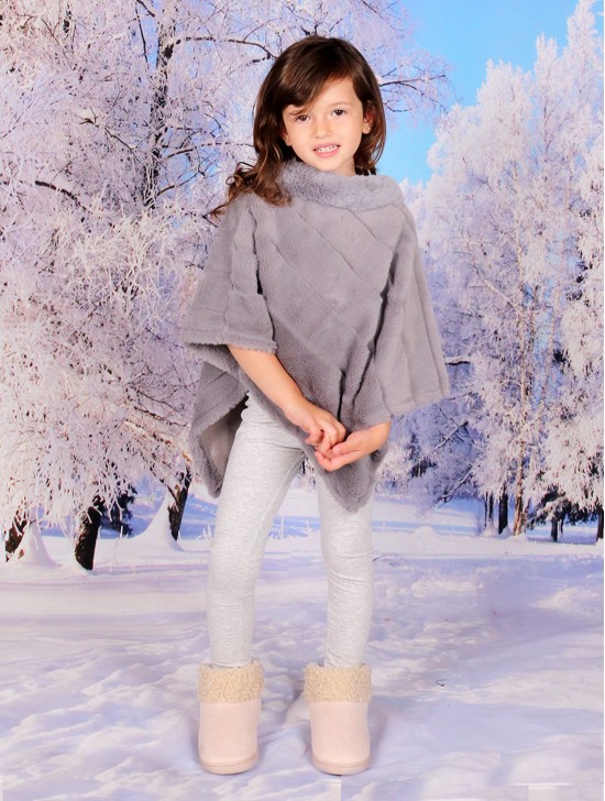 Kids Soft Faux Fur Poncho W/  Diagonal Pattern and Faux Fur Neckline (3-7 Years Old) 